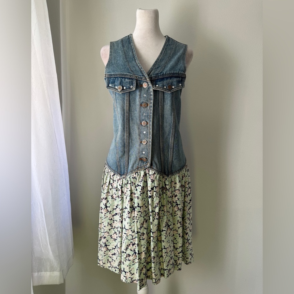 Vintage ‘90s Denim & Floral Print Rhinestone Embellished Knee Length Dress